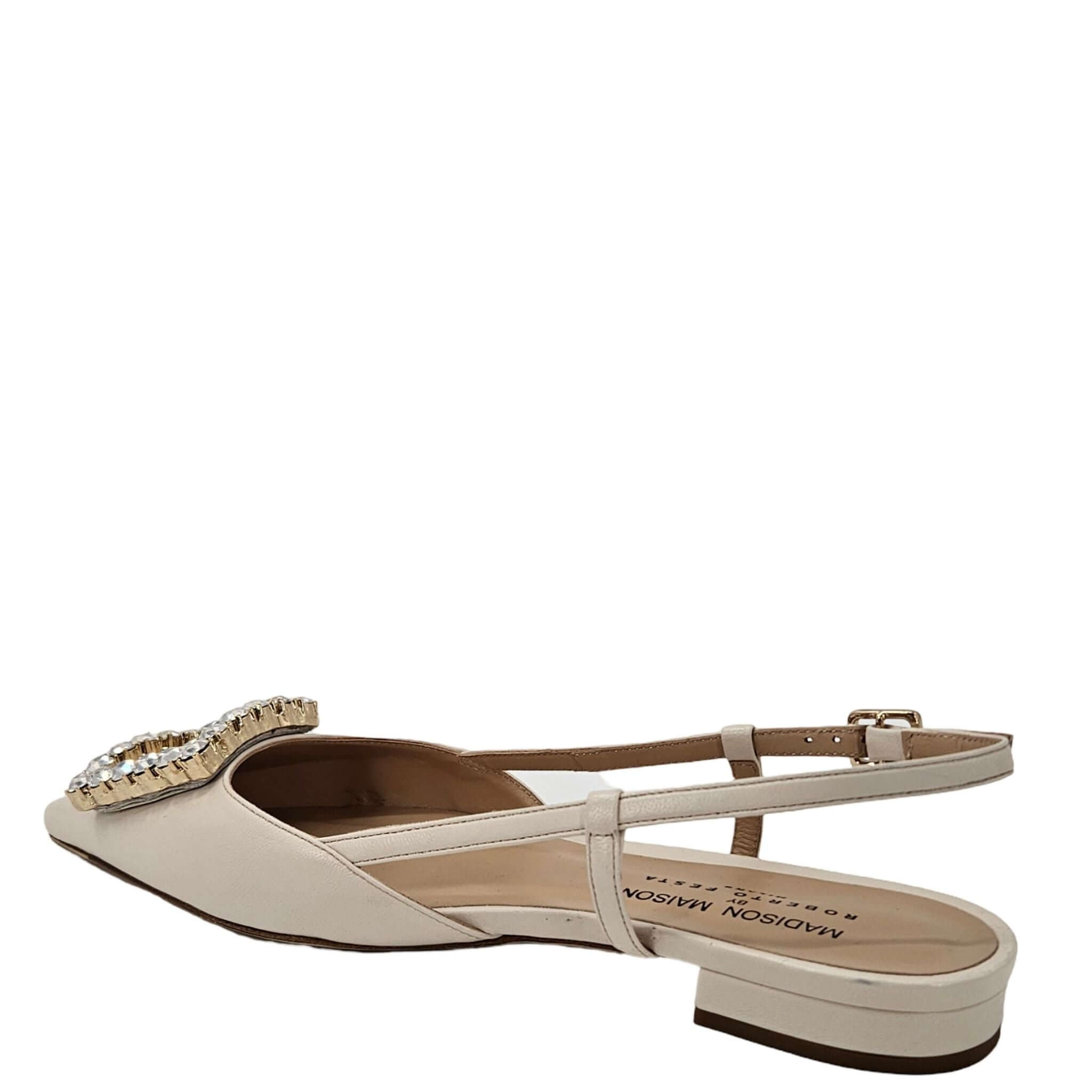 Cream Leather Lavanda Sling Back Flat buckle with rhinestones Maison shoes
