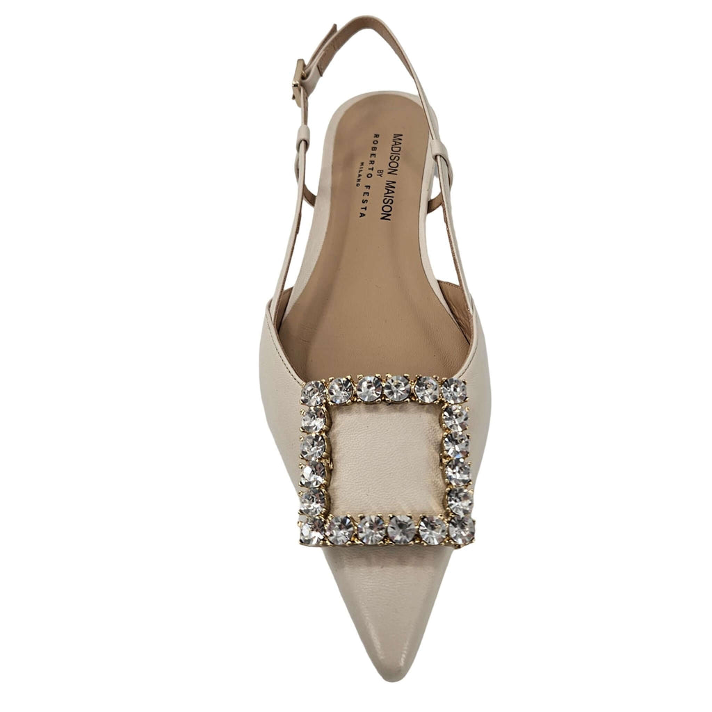 Cream Leather Lavanda Sling Back Flat buckle with rhinestones Maison shoes