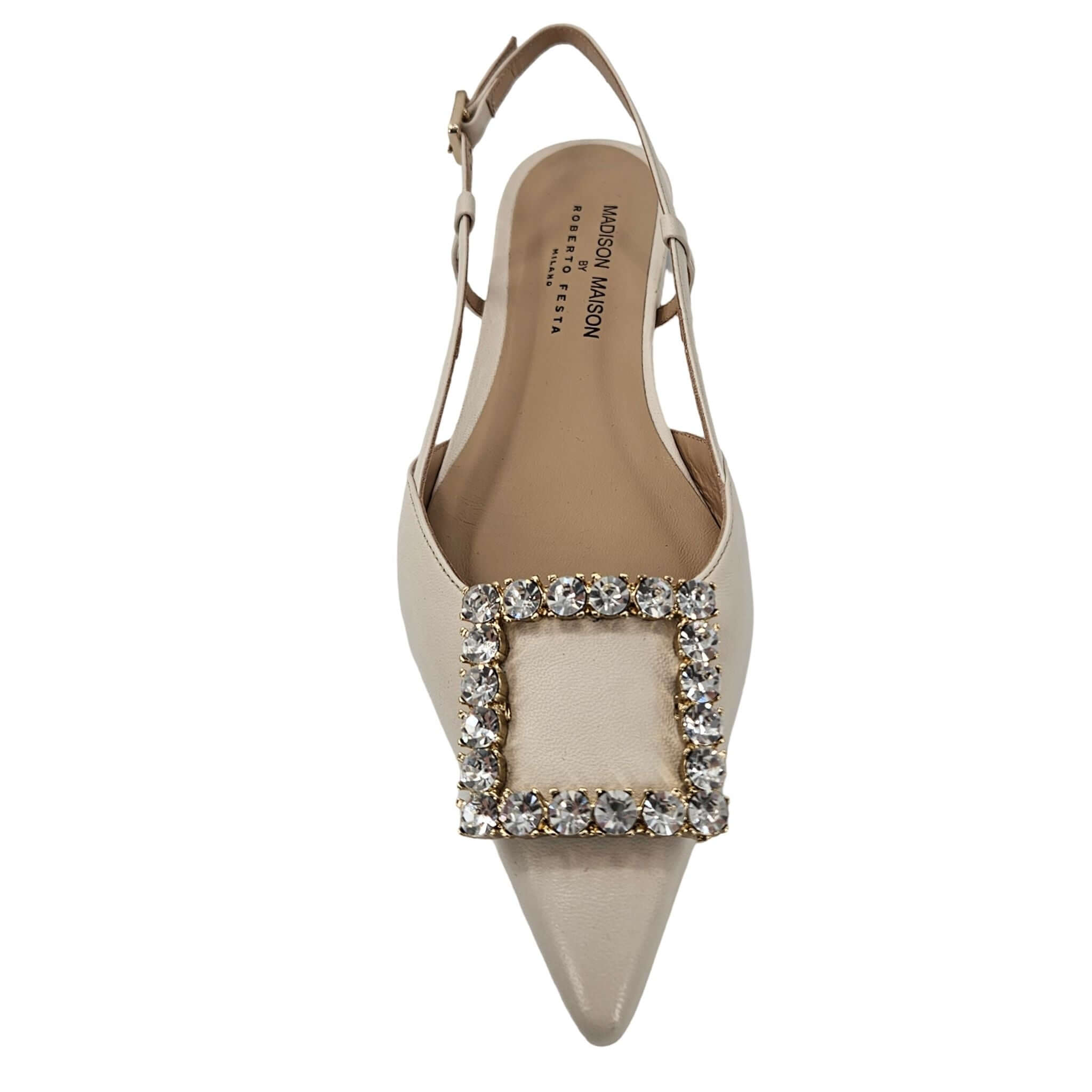 Cream Leather Lavanda Sling Back Flat buckle with rhinestones Maison shoes