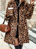 Leopard Print Faux Fur Longline Coat With Pockets Polyester Boutique