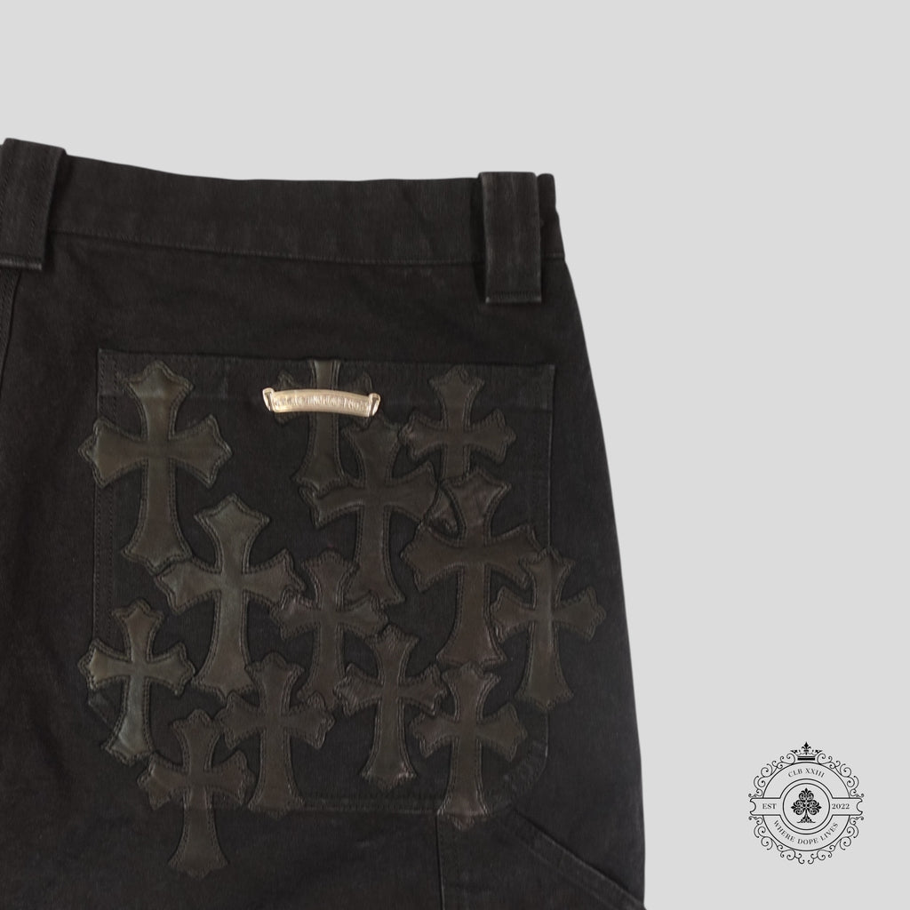 Chrome Hearts 13 Cross Patch Carpenter Shorts in Black cotton & leather 38