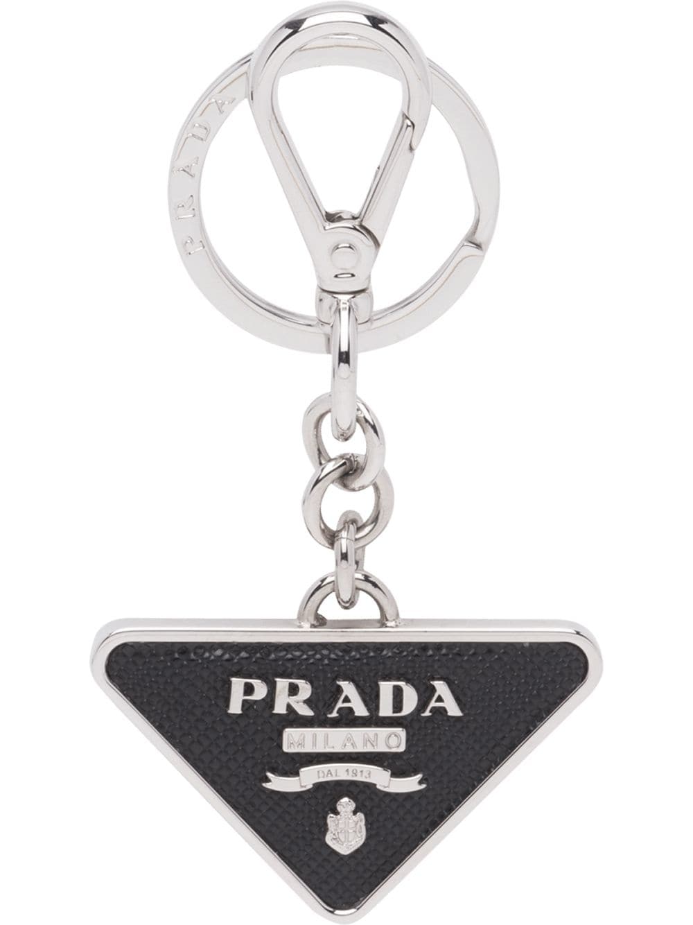 Prada Men's Saffiano Leather And Metal Keychain black silver