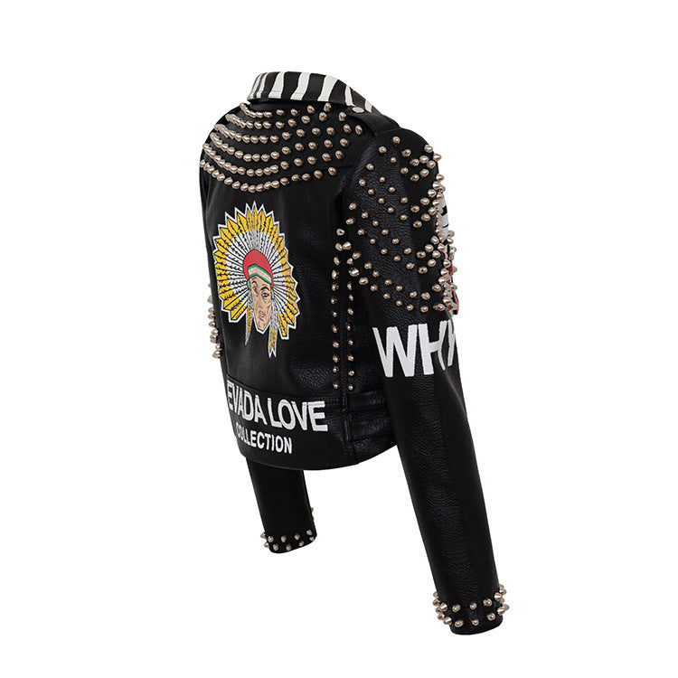 Fashionable Coat Graffiti Leather Short Jacket Rivet Motorcycle Zebra