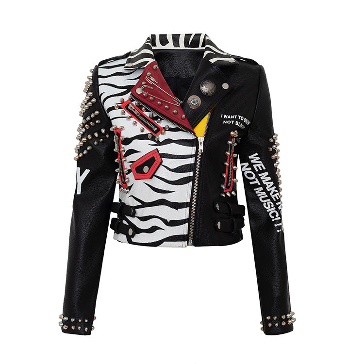 Fashionable Coat Graffiti Leather Short Jacket Rivet Motorcycle Zebra