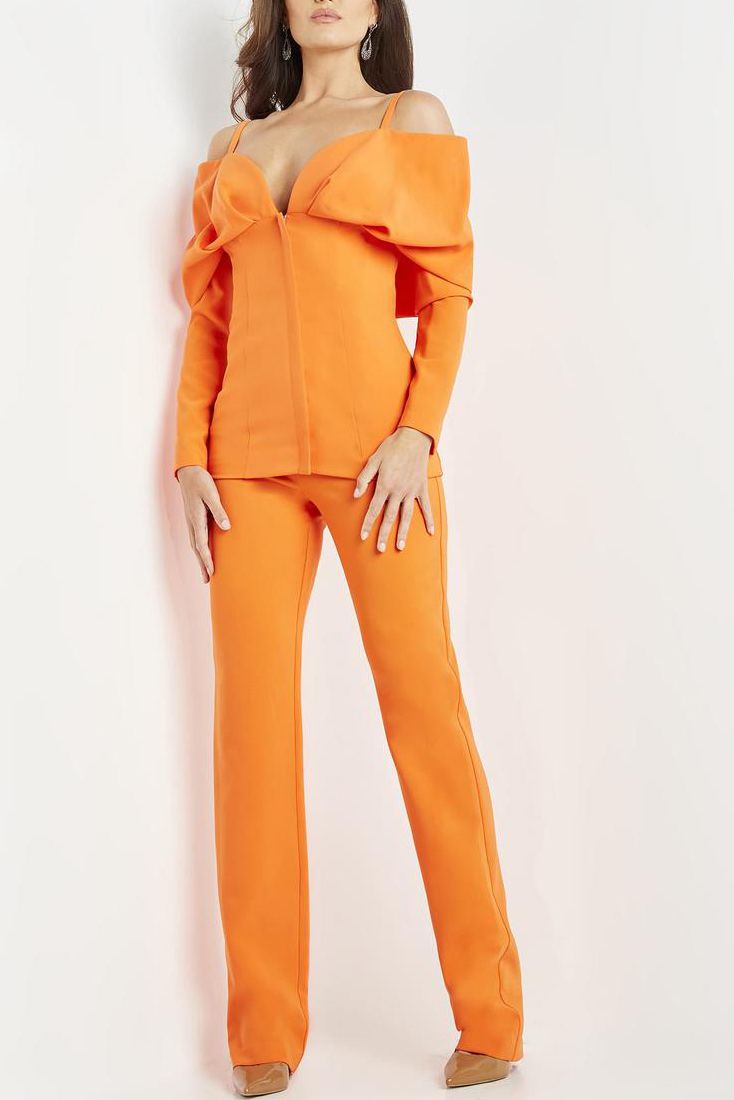 Jovani Cold Shoulder Long Sleeve Solid Scuba Crepe Evening Pantsuit 2 PC