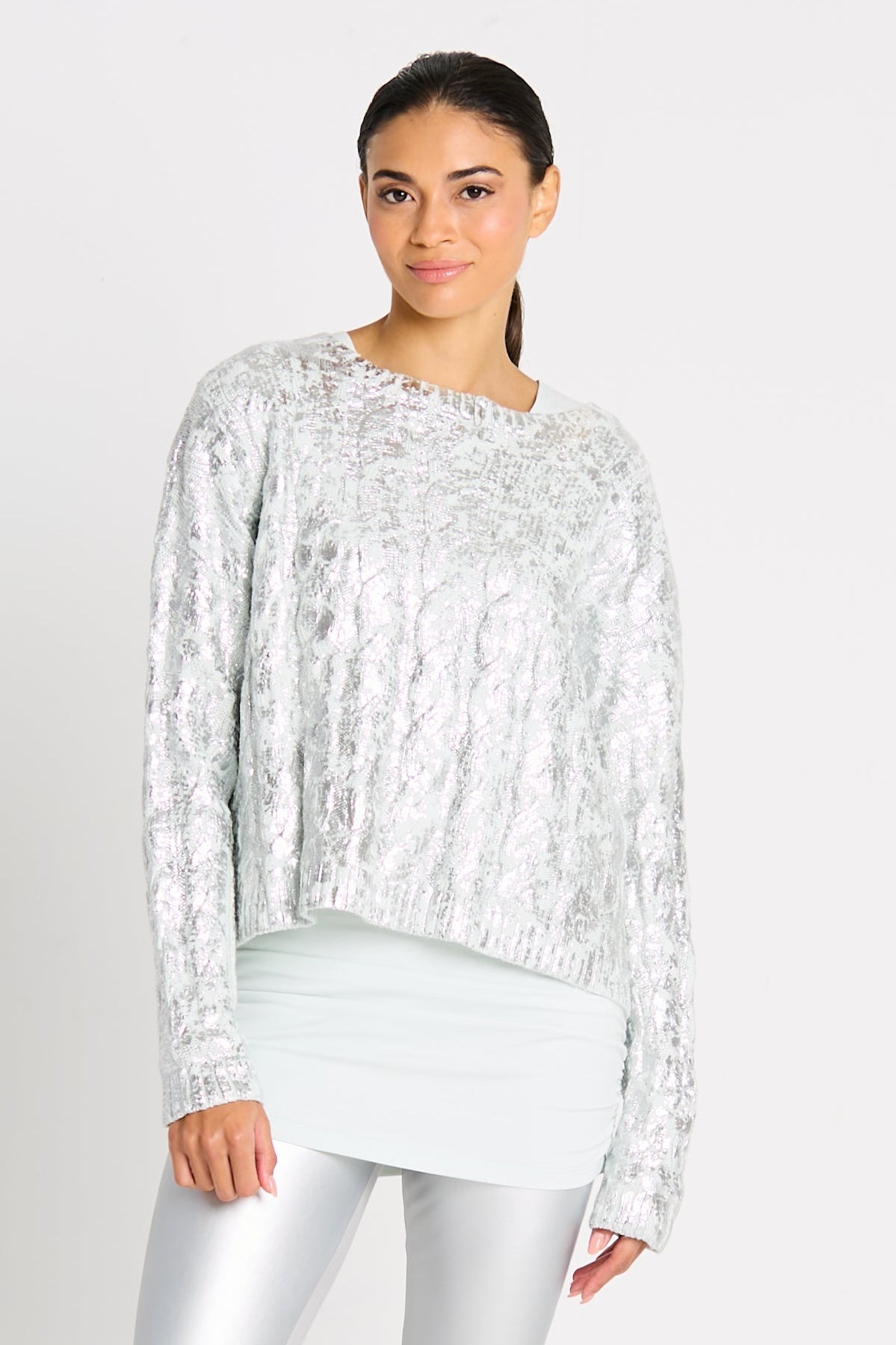 Pima Cotton Mini Foil Cable Crewneck Sweater - Mint/Silver PLANET by Lauren G metallic