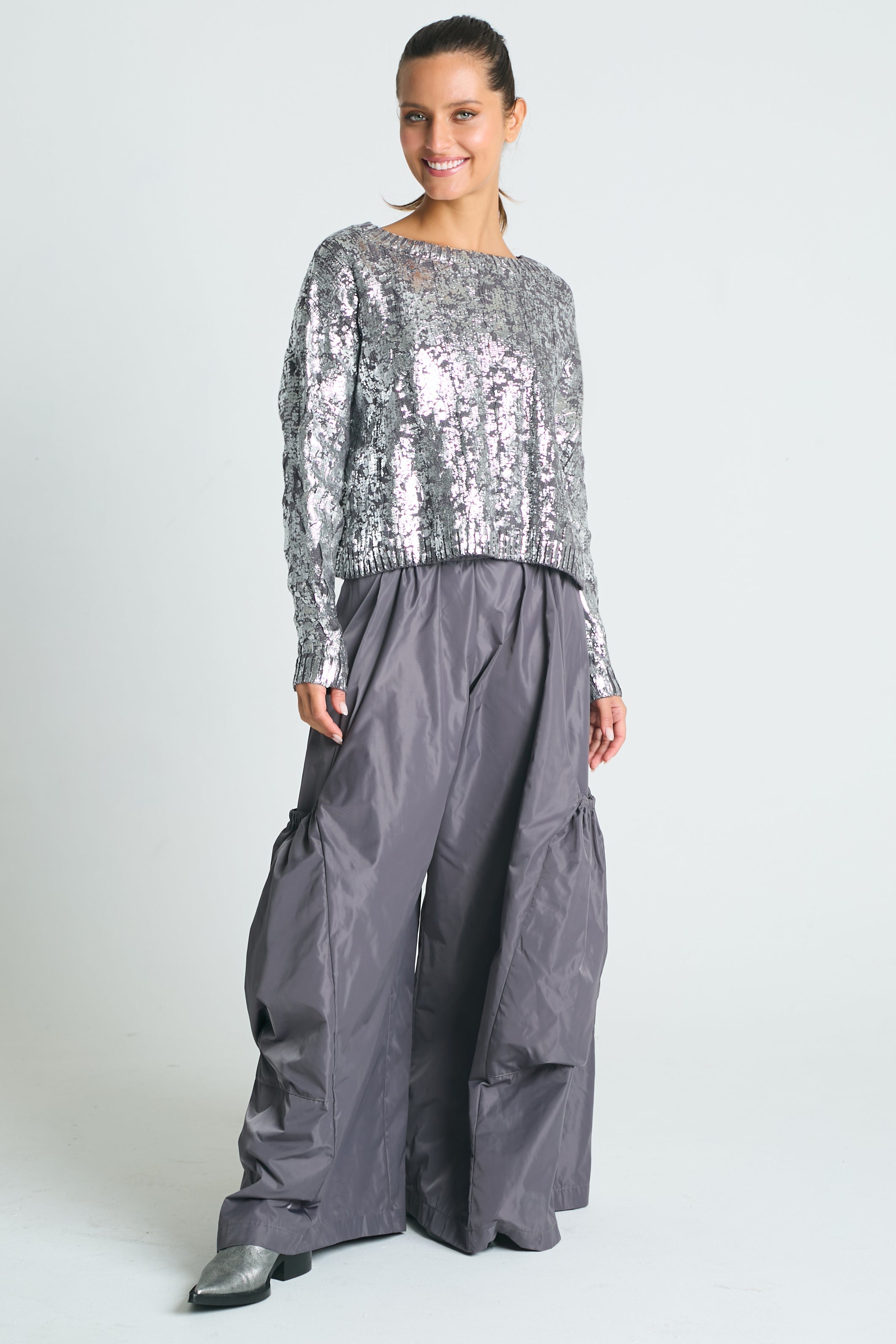 Pima Cotton Mini Foil Cable Crewneck Sweater - Lava/Silver PLANET Lauren J.