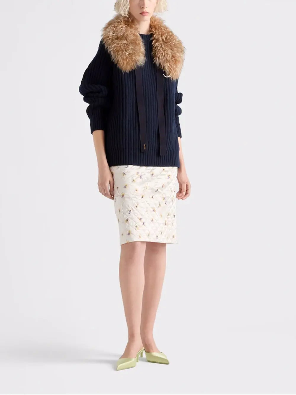 PradaLadies Round Neck Sweater with logo safety pin Cashmere Navy