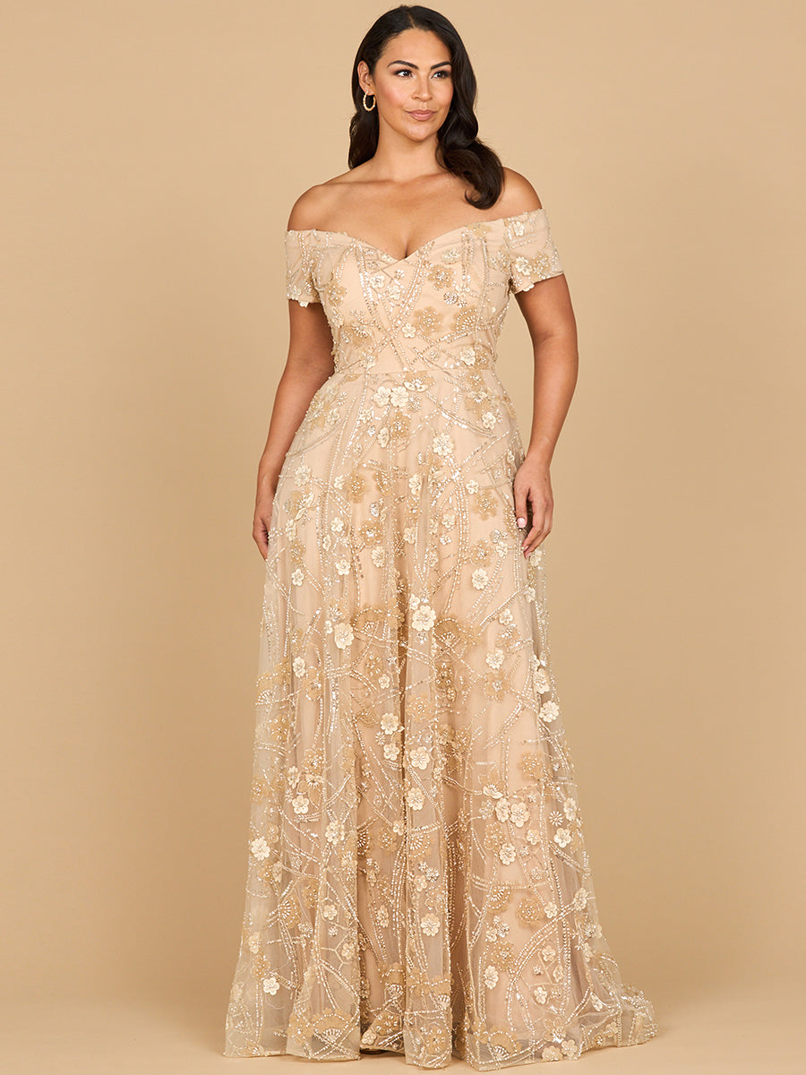 Lara 28882- Off Shoulder A-Line Floral Gown New York Prom Formal