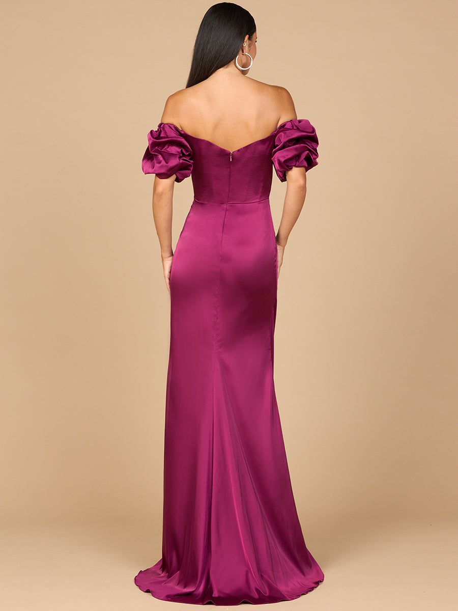 Off Shoulder Satin Dress with Slit Wine Navy Lara New York Prom Formal Gown