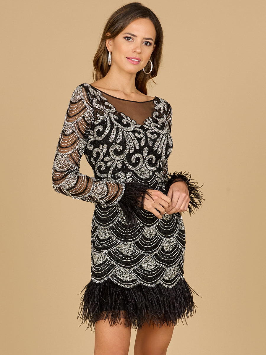Beaded Short Dress with Feathers and Sleeves black silver formal Prom cocktail