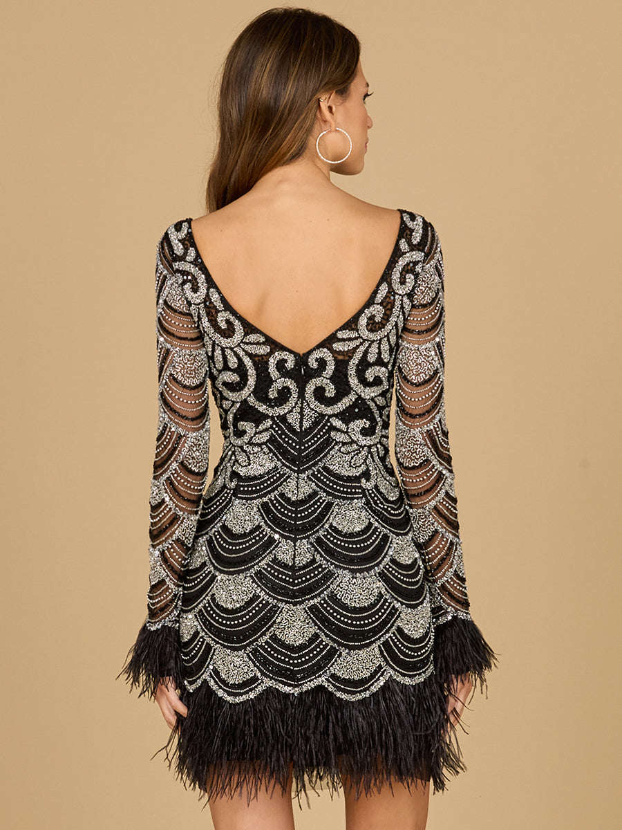Beaded Short Dress with Feathers and Sleeves black silver formal Prom cocktail