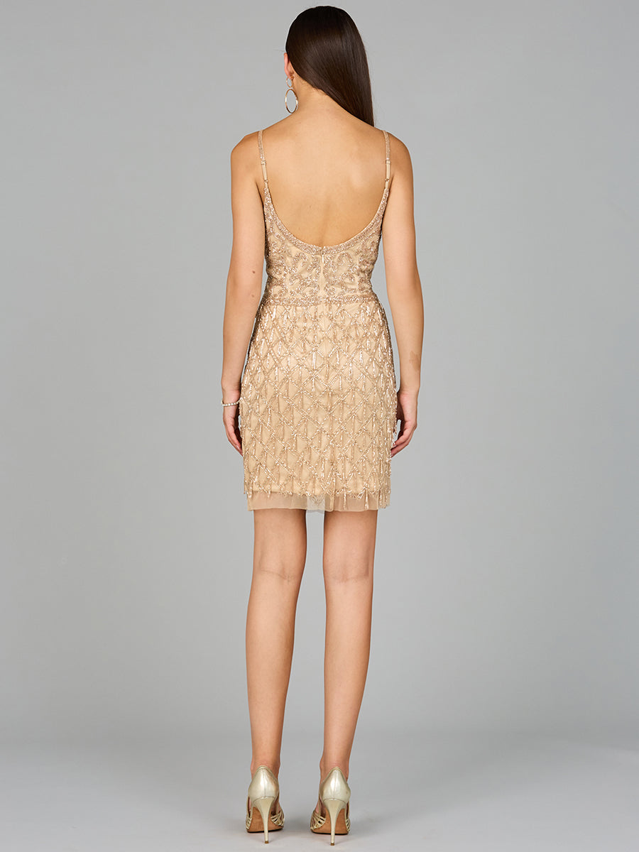 Spaghetti Strap Cocktail Dress with Fringes Lara New York Mini short Beaded Prom