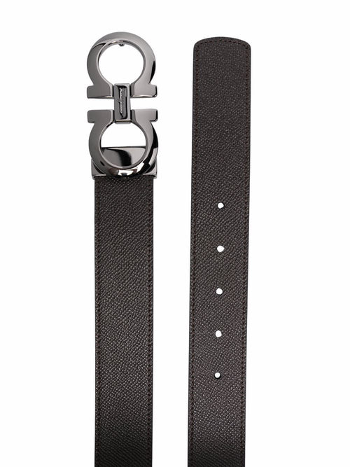 Ferragamo Men's Hammered Leather Reversible Gancini Belt brown