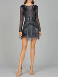 High Neck Cocktail Dress with Long Sleeves Lara New York Beaded short formal