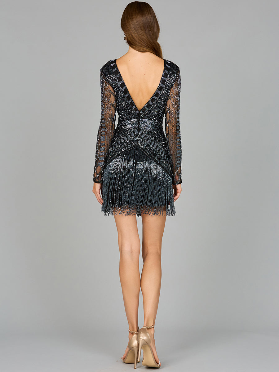 High Neck Cocktail Dress with Long Sleeves Lara New York Beaded short formal