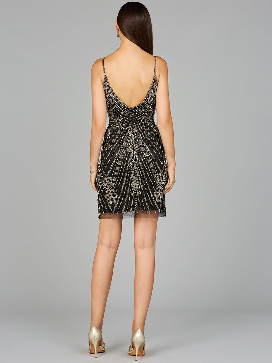 Embellished Cocktail Dress with V-Neckline Prom Formal Beaded short Evening Lara NY