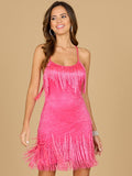 Spaghetti Strap Fringe Dress Lara New York Pink beaded Prom Short Mini