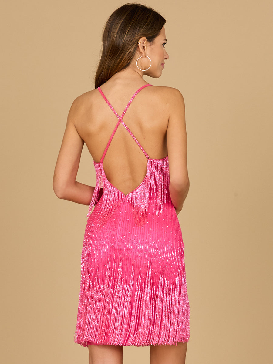 Spaghetti Strap Fringe Dress Lara New York Pink beaded Prom Short Mini