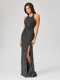 Giselle Beaded Halter Gown with Slit Lara New York Formal Prom Dress