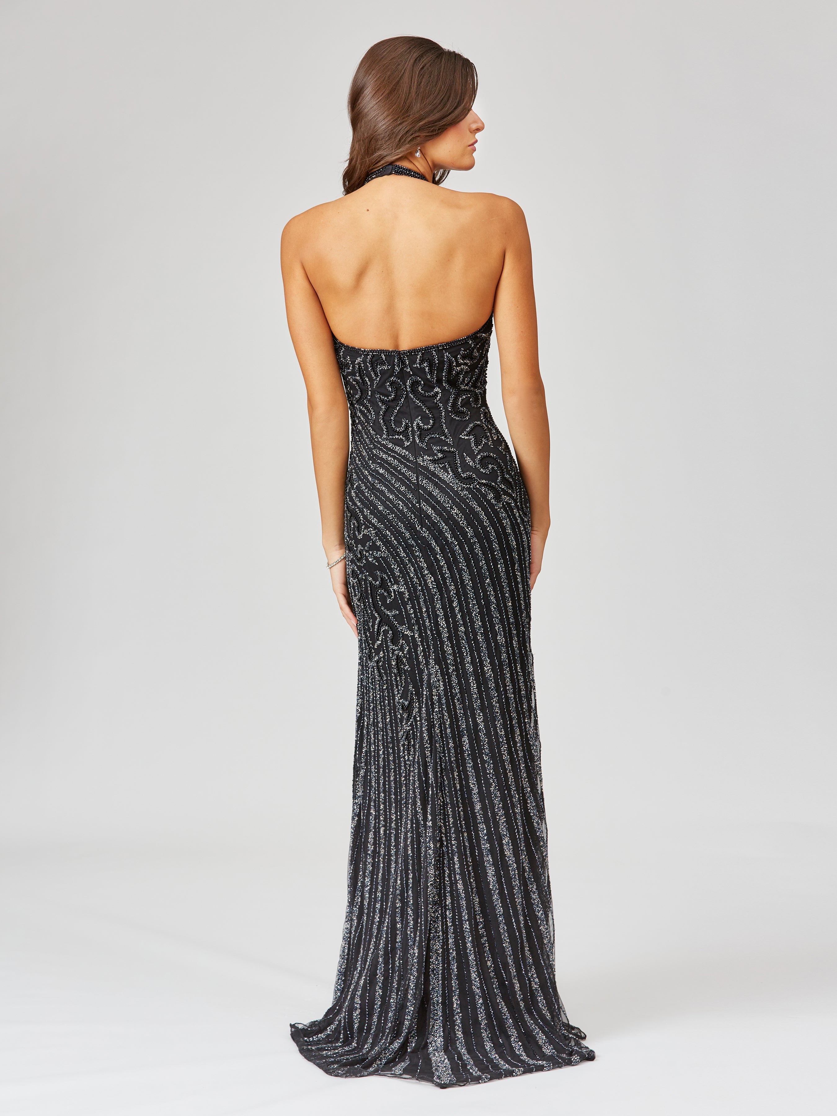Giselle Beaded Halter Gown with Slit Lara New York Formal Prom Dress