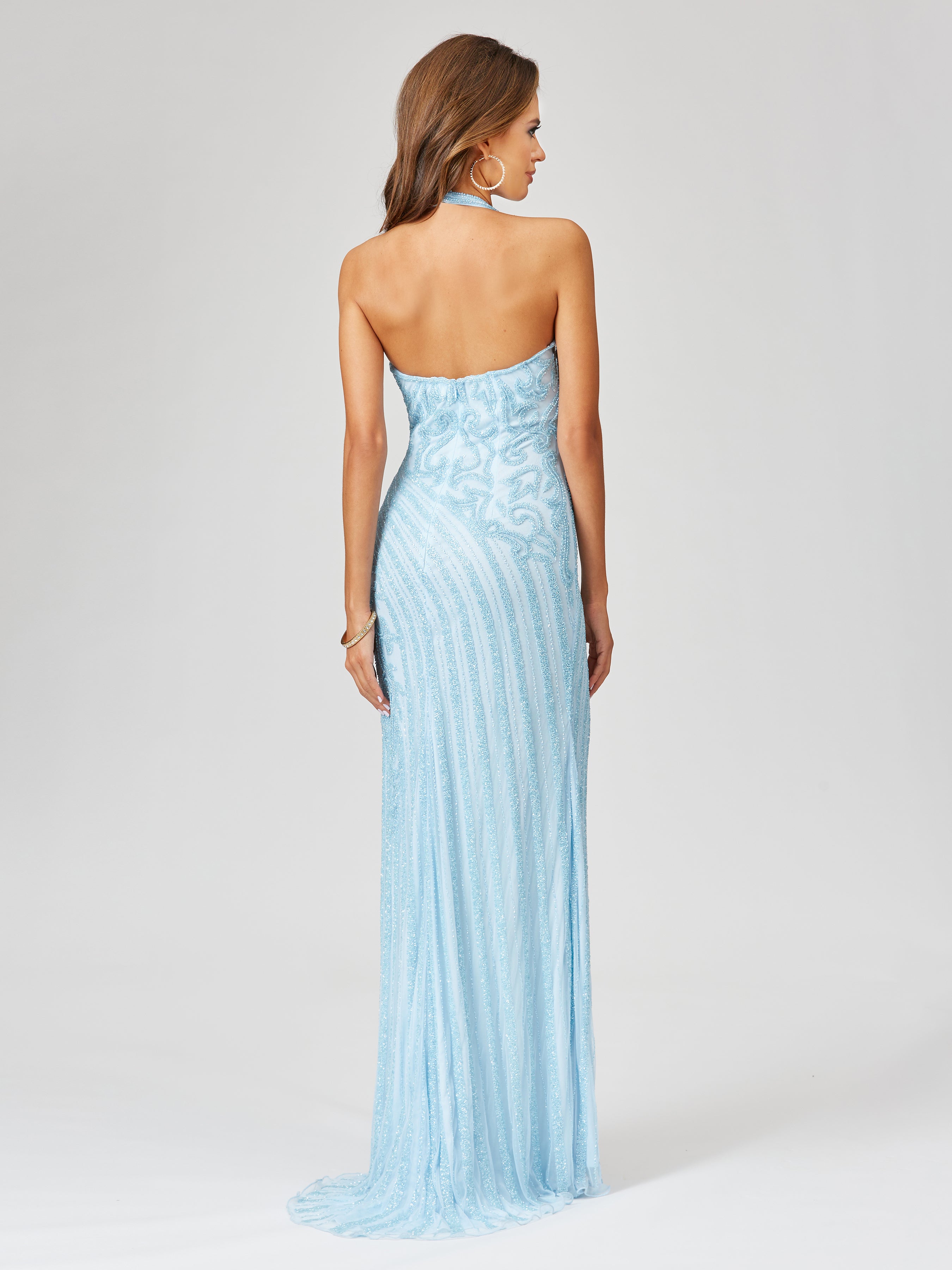 Giselle Beaded Halter Gown with Slit Lara New York Formal Prom Dress