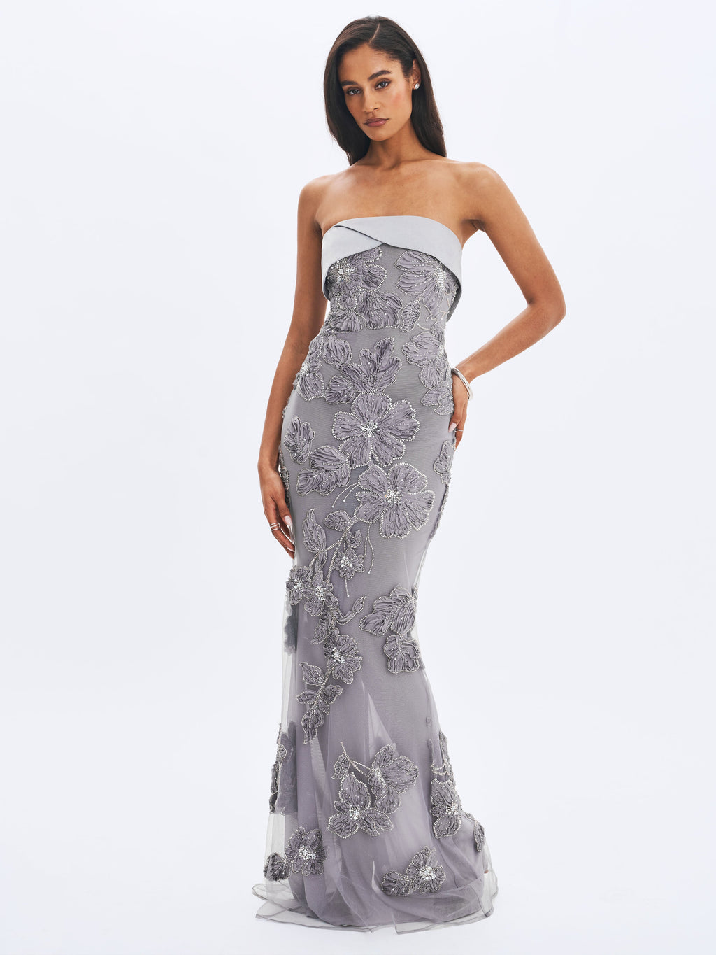 Raphaela Silver Beaded Floral Strapless Mermaid Maxi Dress Prom Wedding