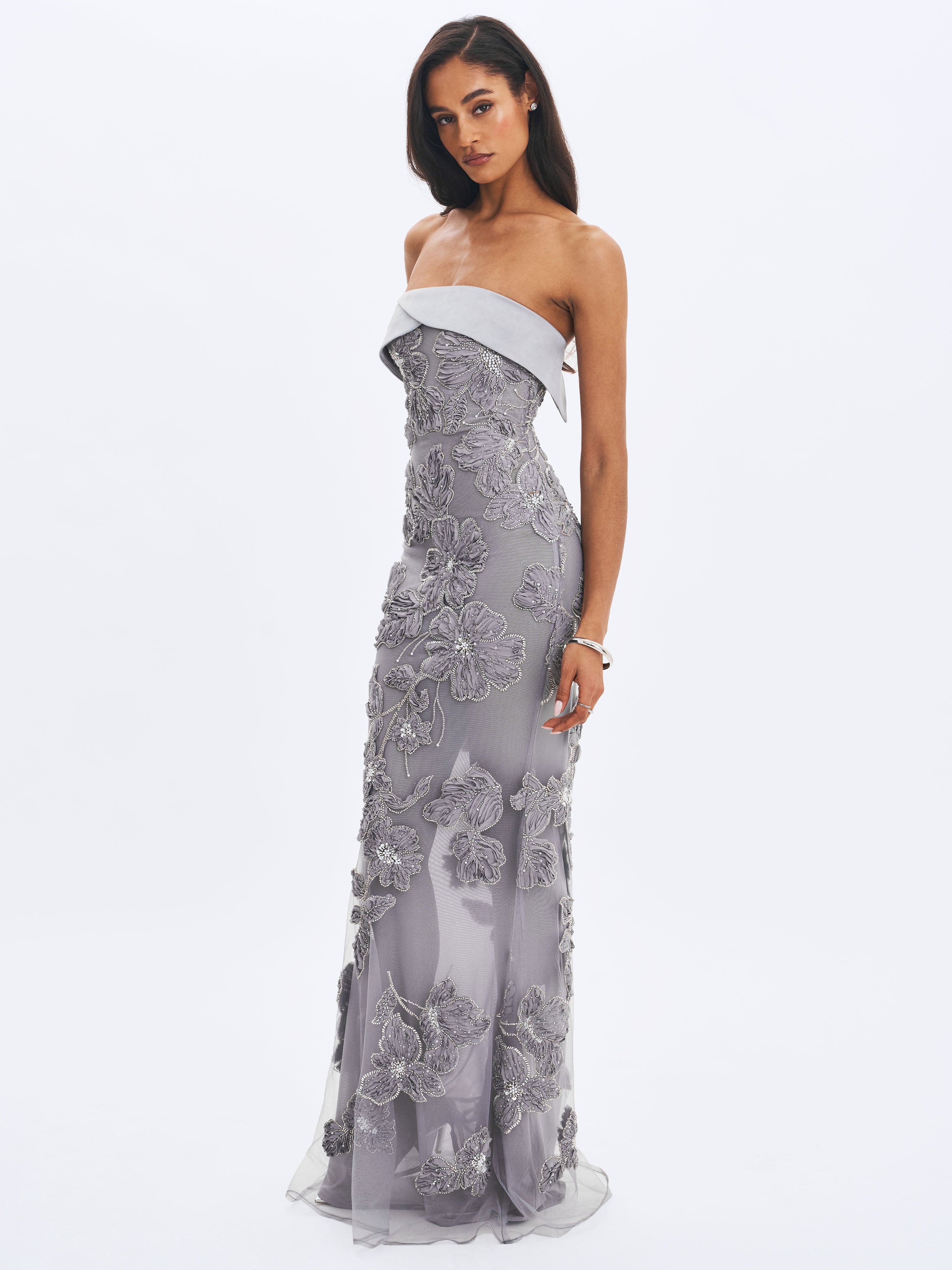Raphaela Silver Beaded Floral Strapless Mermaid Maxi Dress Prom Wedding