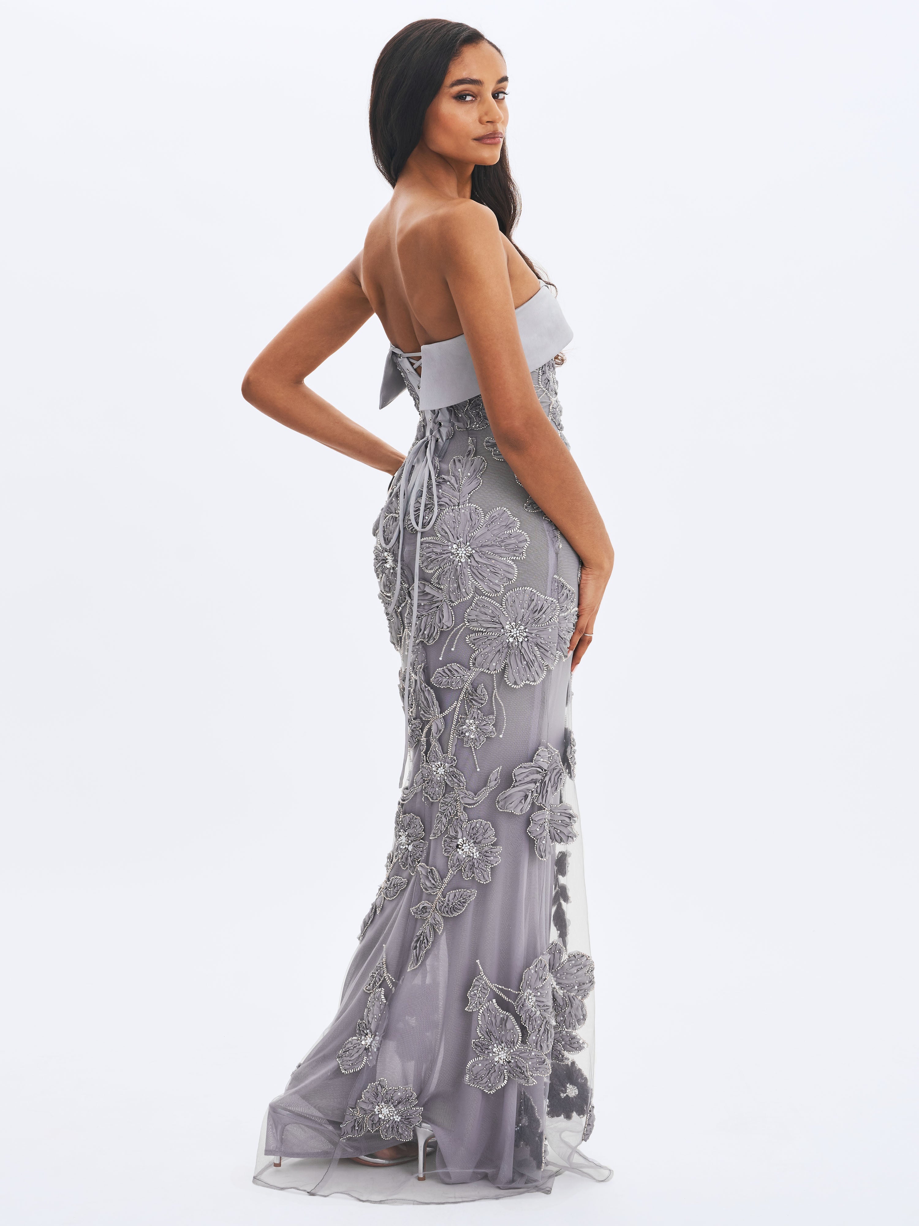 Raphaela Silver Beaded Floral Strapless Mermaid Maxi Dress Prom Wedding