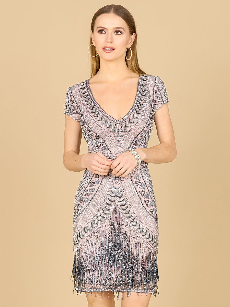 Lara Brooklyn Beaded Fitted Short Dress with Open Back Short Prom Formal