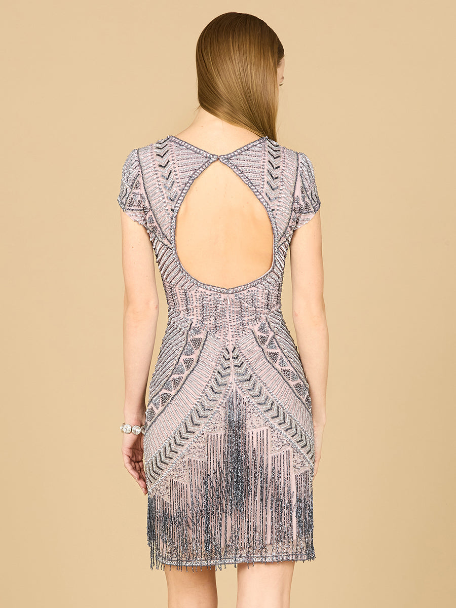 Lara Brooklyn Beaded Fitted Short Dress with Open Back Short Prom Formal