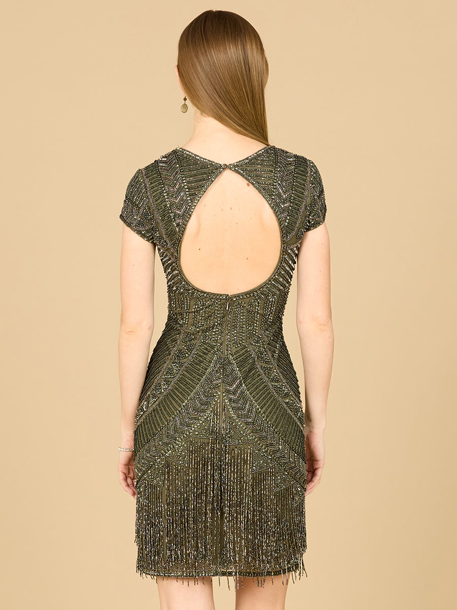 Lara Brooklyn Beaded Fitted Short Dress with Open Back Short Prom Formal