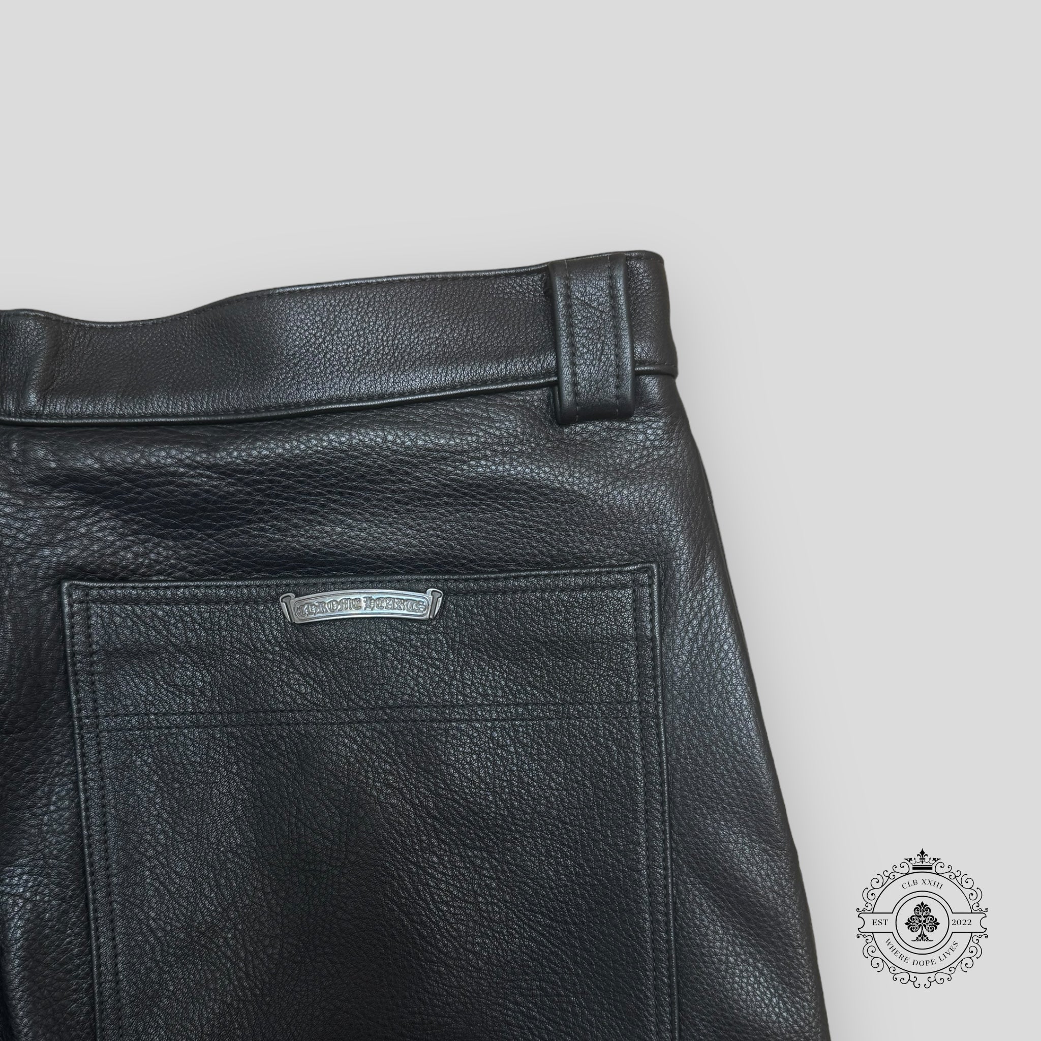 Chrome Hearts Fleur Knee Black Leather Pants men's unisex sterling silver hardware 36