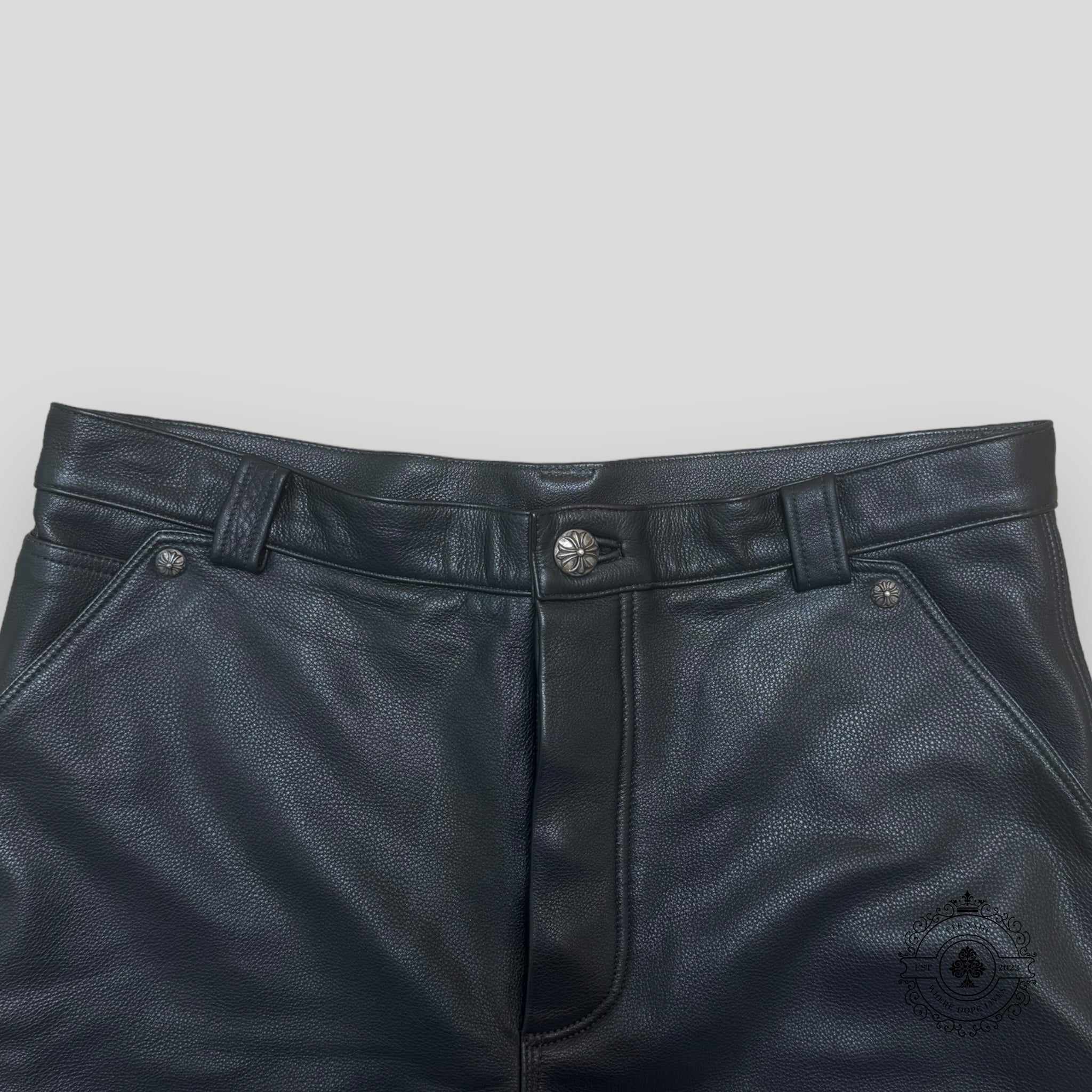 Chrome Hearts Fleur Knee Black Leather Pants men's unisex sterling silver hardware 36