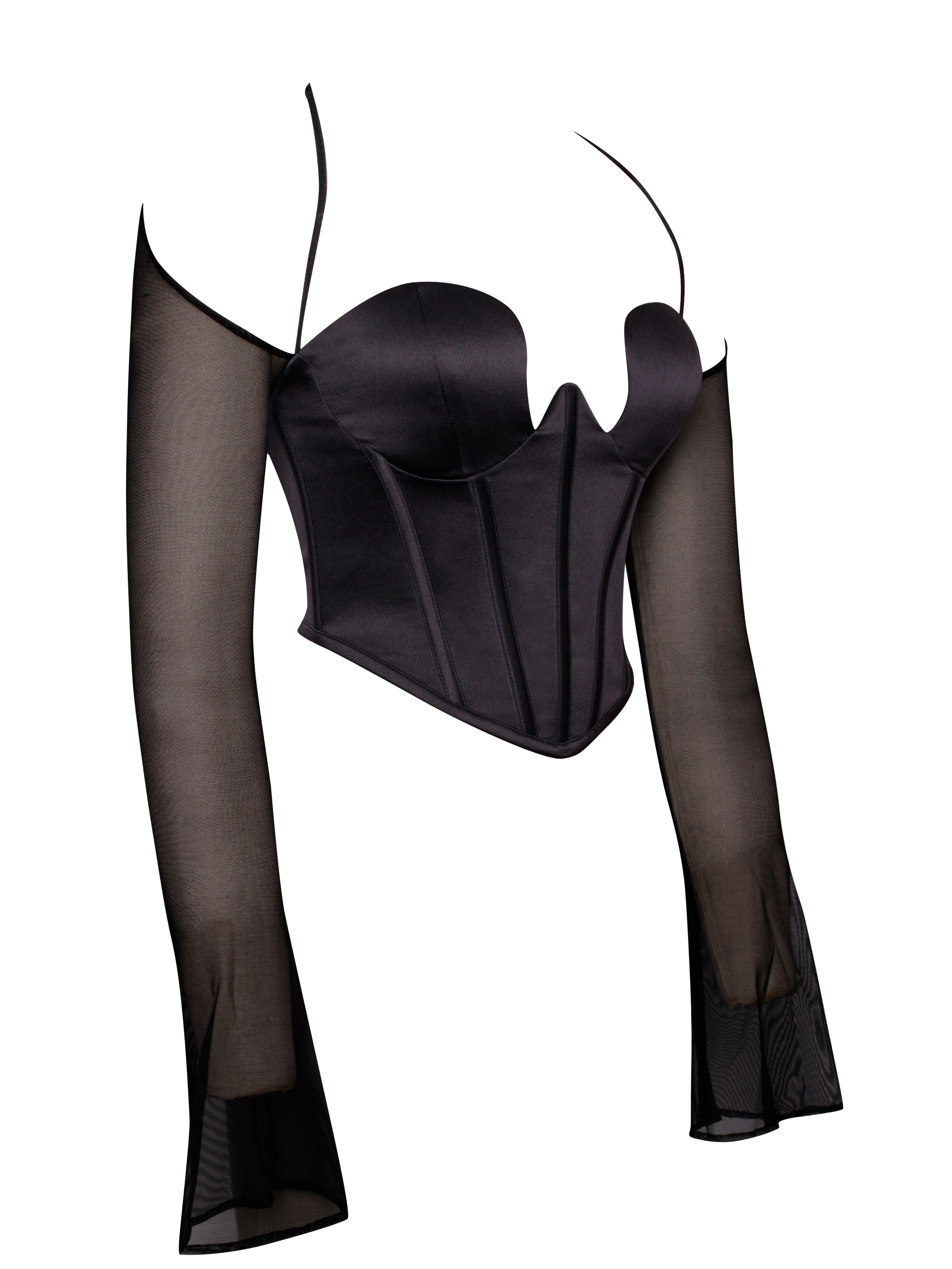 Pixie Black Mesh Sleeves Halter Boned Corset Satin Top Club Cocktail