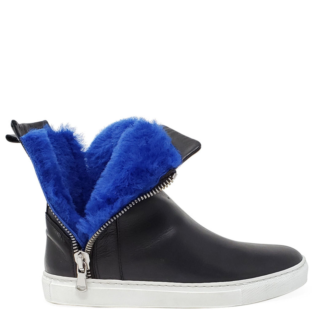 Black Leather Double Zip Shearling lined ankle Boot sneaker booties Madison Maison