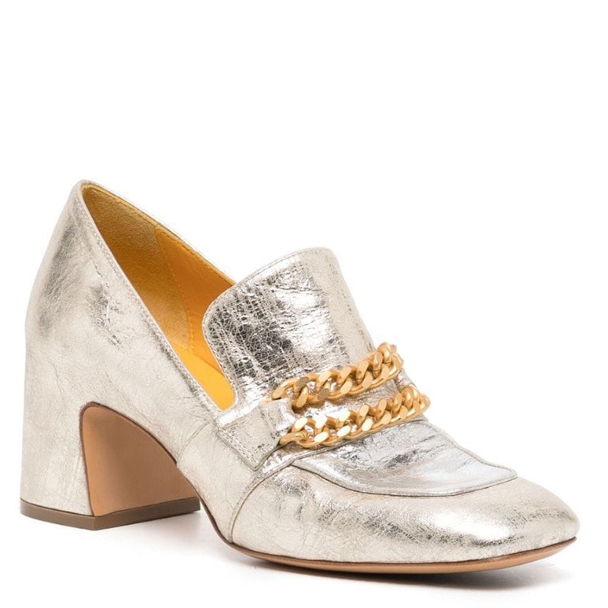 Gold/Silver metallic Leather Mid Heel block Loafer W/Chain career Madison Maison