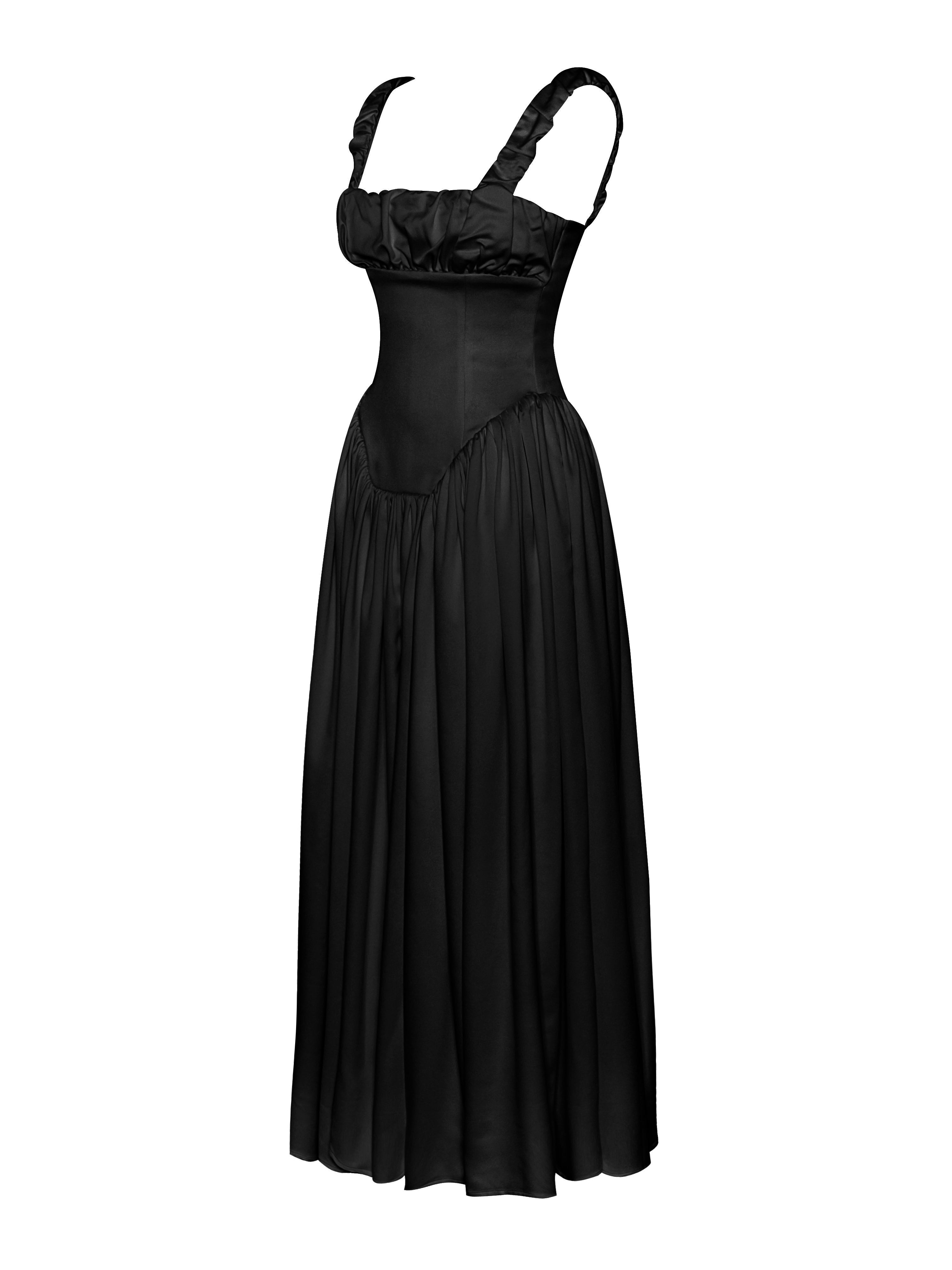 Noreen Black Satin Drop Waist Maxi Sundress Party Cocktail