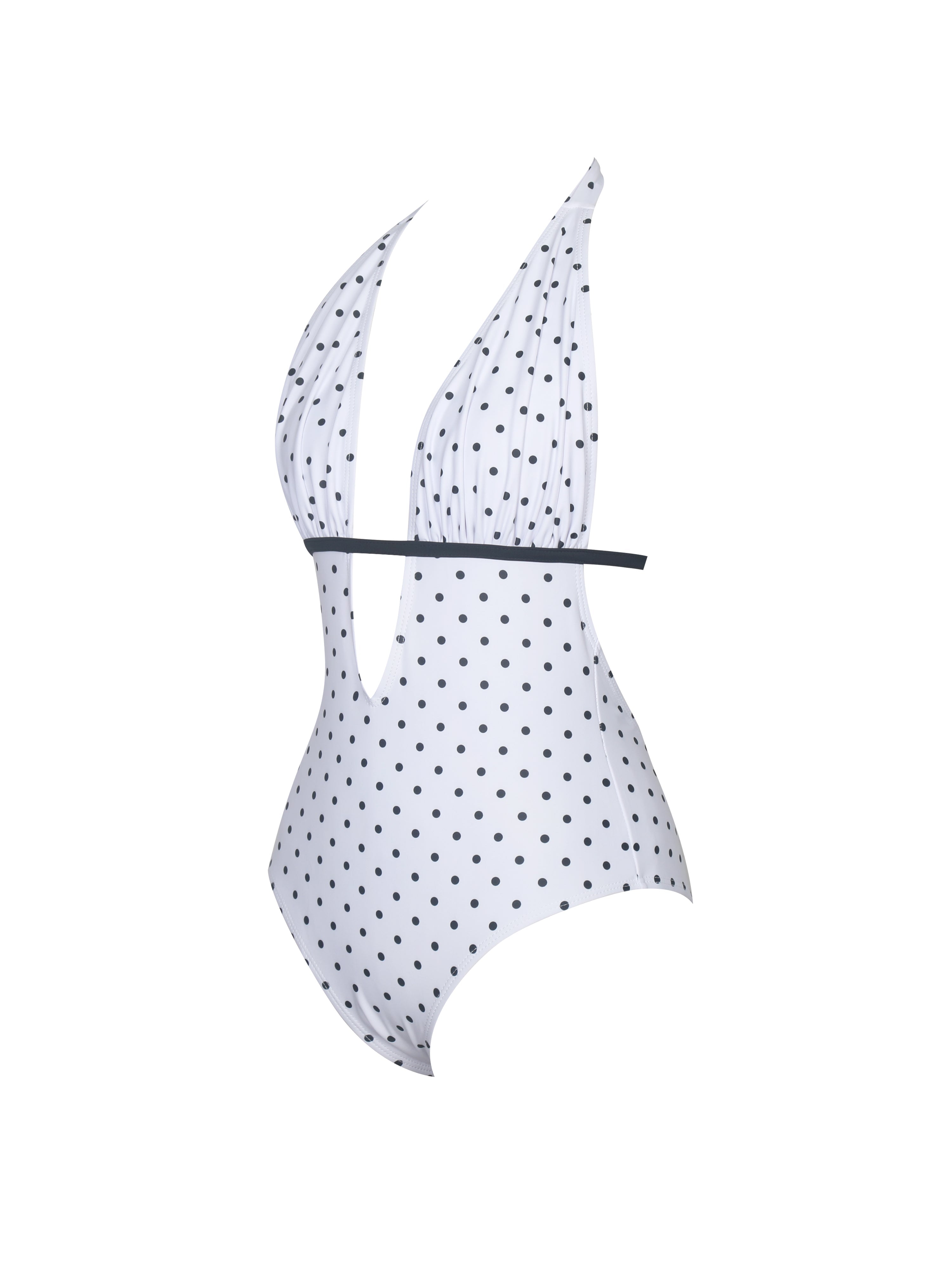Olive Polka Dot Ruched Halter Backless Swimsuit Black White beach cruise