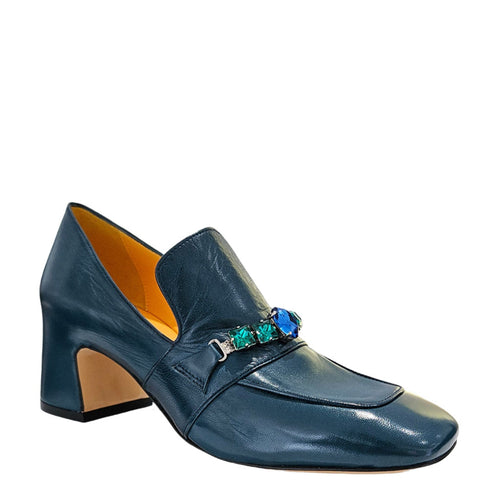 Navy Leather Mid Heel Jeweled Loafer ladies Madison Maison shoes