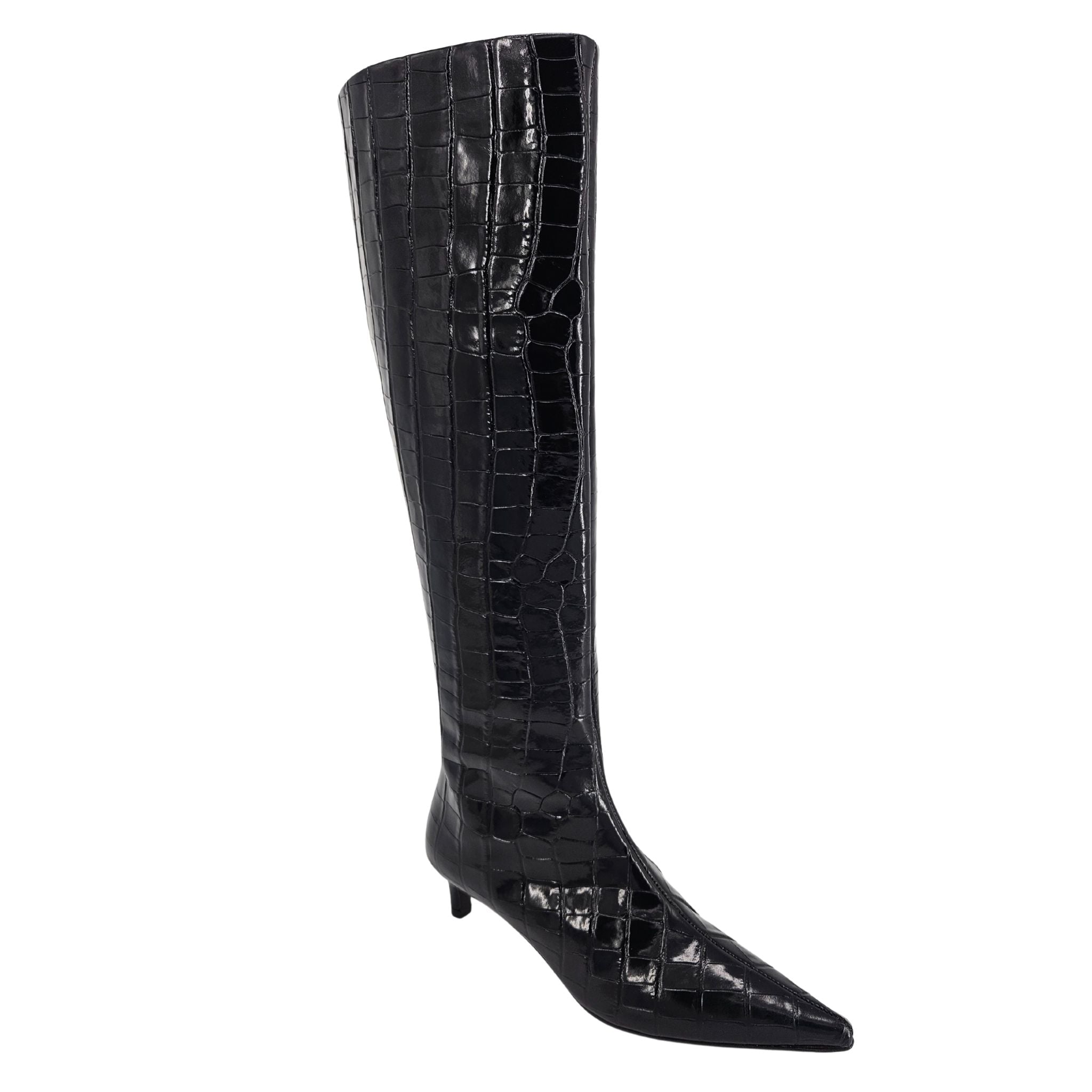 Black Tall Moc Croc Pointy Toe Kitten Heel Boot Madison Maison Beverly Hills
