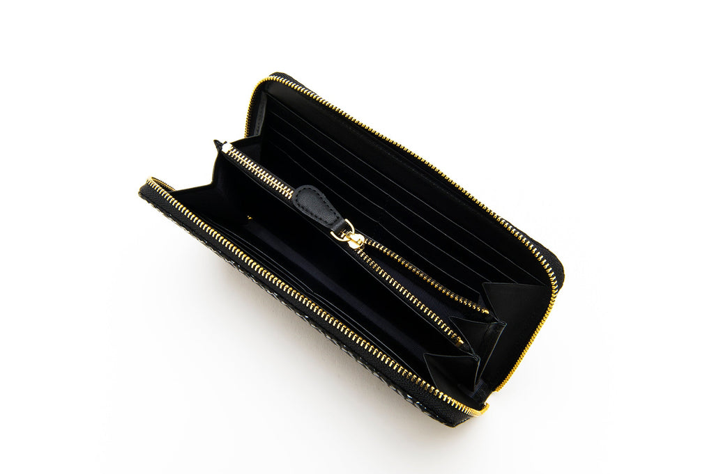 Zipped Long wallet - Seven Treasures Inden Japan Black deer & calf skin