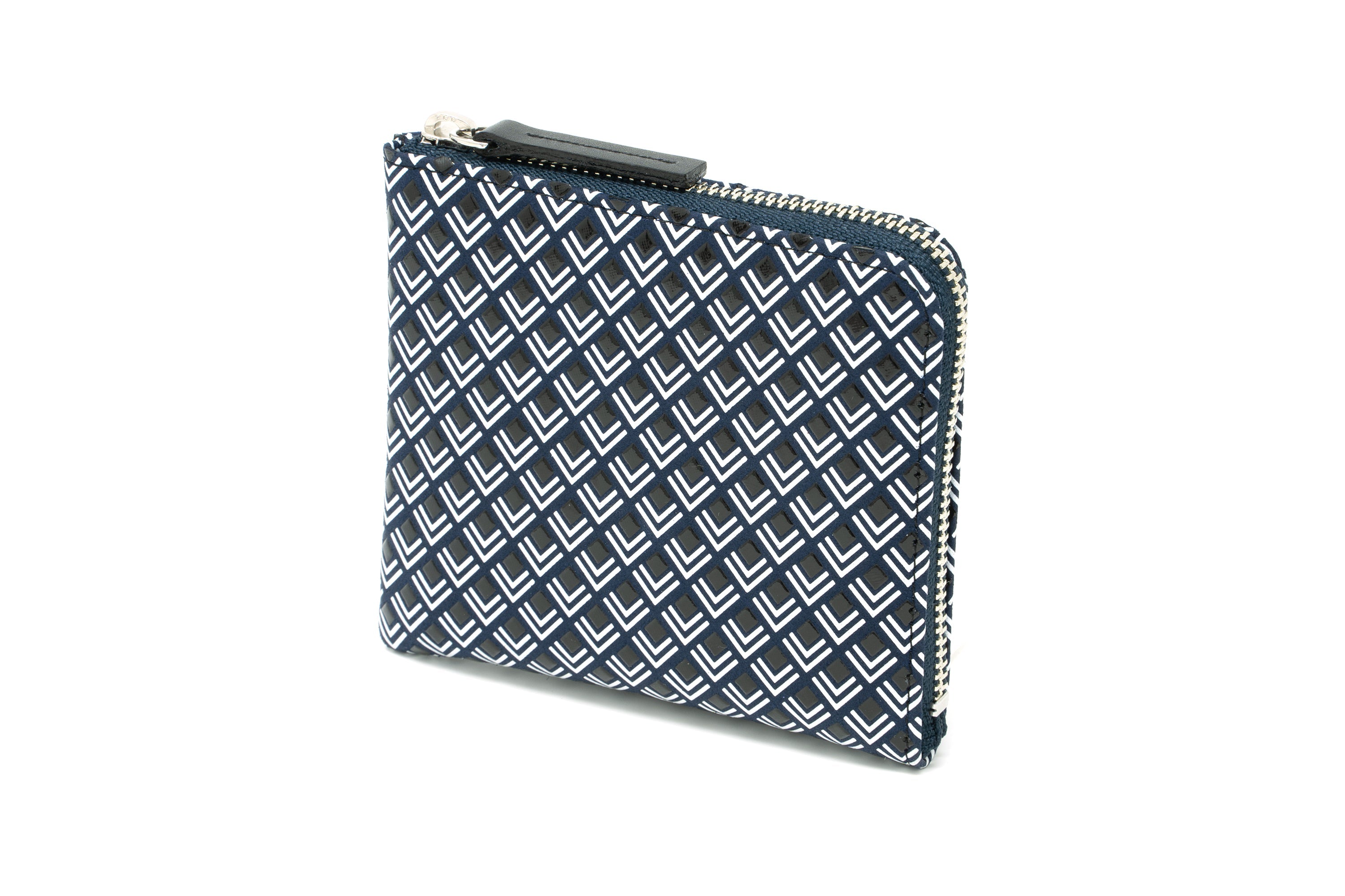 Zipped Coin Purse (Large)  -  White Frame Black Navy Inden Japan leather wallet