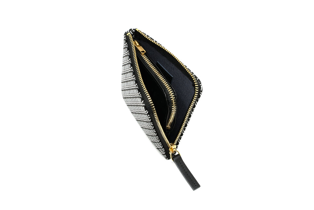 Zipped Coin Purse (Large)  -  White Frame Black Navy Inden Japan leather wallet