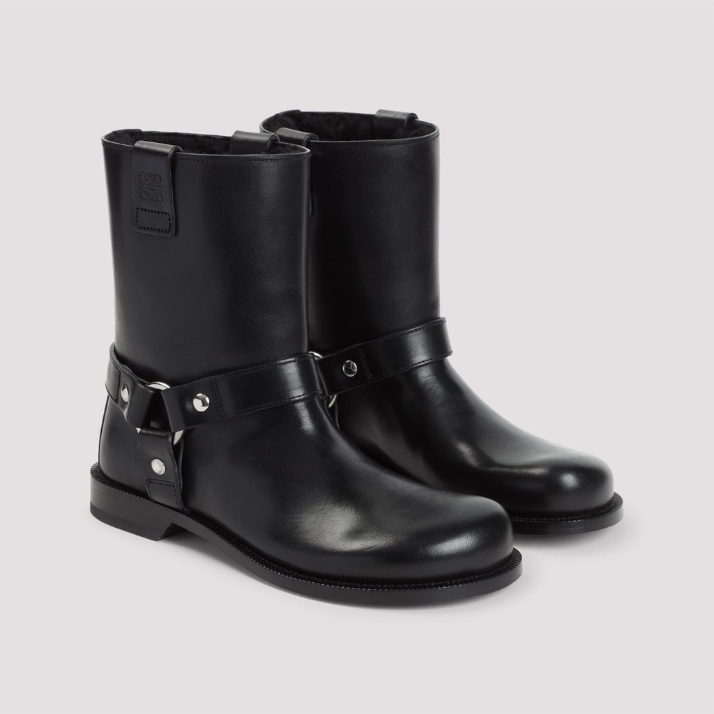 Loewe Campo Biker Shearling Boots ladies black moto leather studs silver