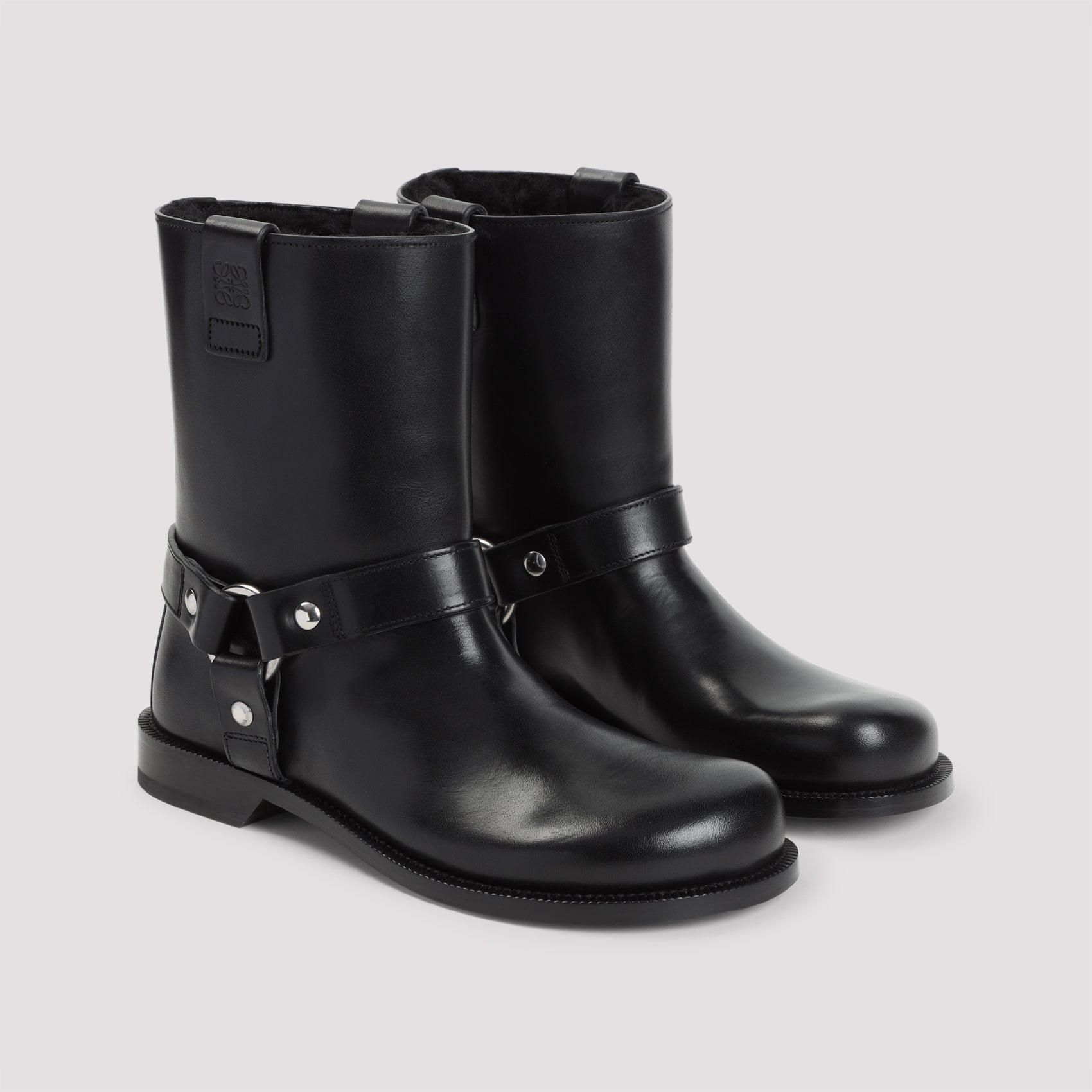 Loewe Campo Biker Shearling Boots ladies black moto leather studs silver