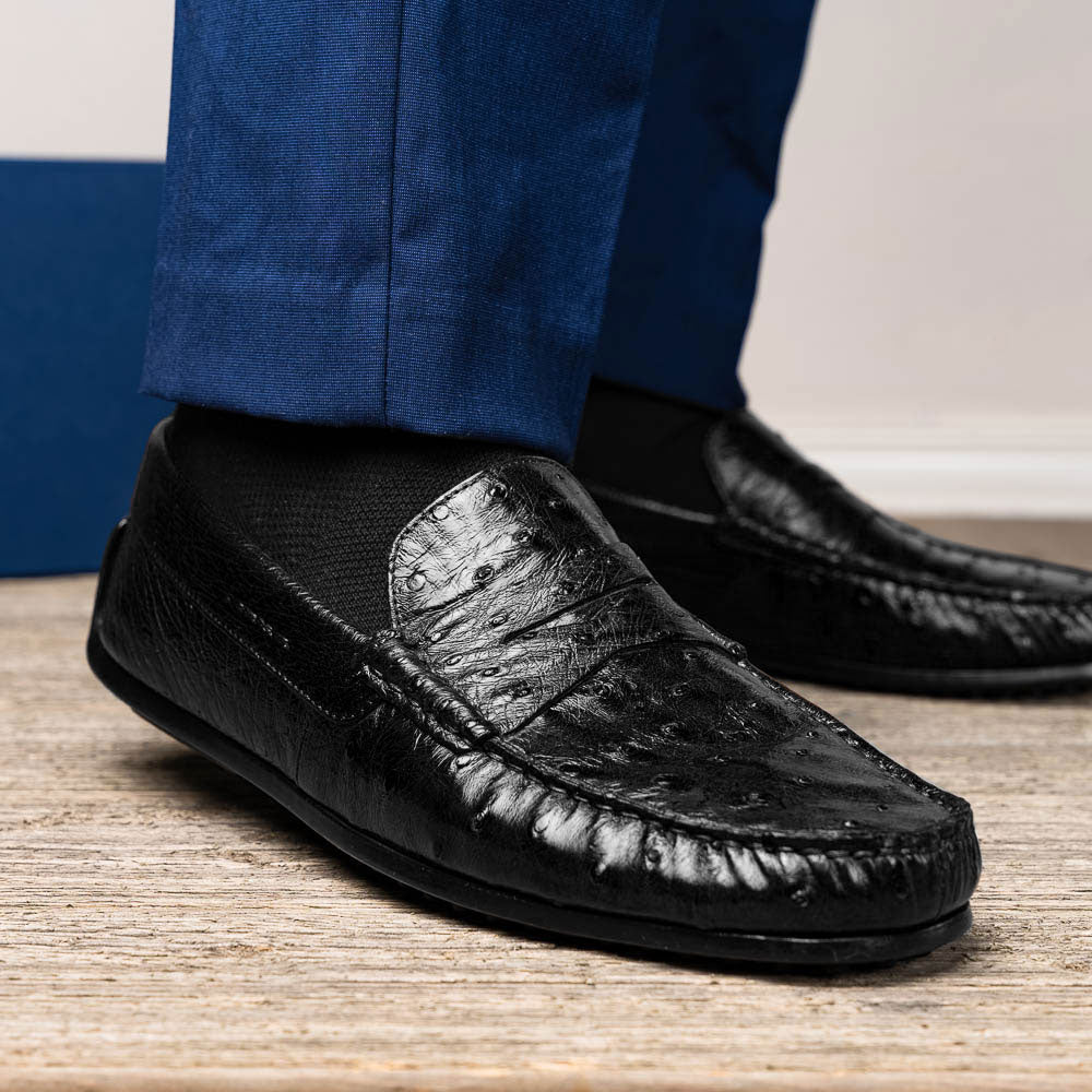 33-100-BLK MONZA genuine Ostrich Quill Driver driving mocs shoes loafers men's