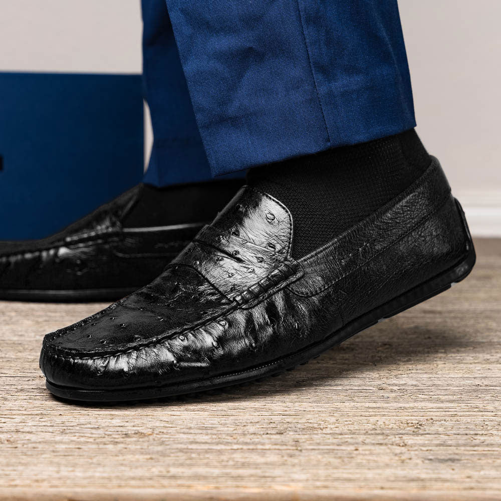 33-100-BLK MONZA genuine Ostrich Quill Driver driving mocs shoes loafers men's