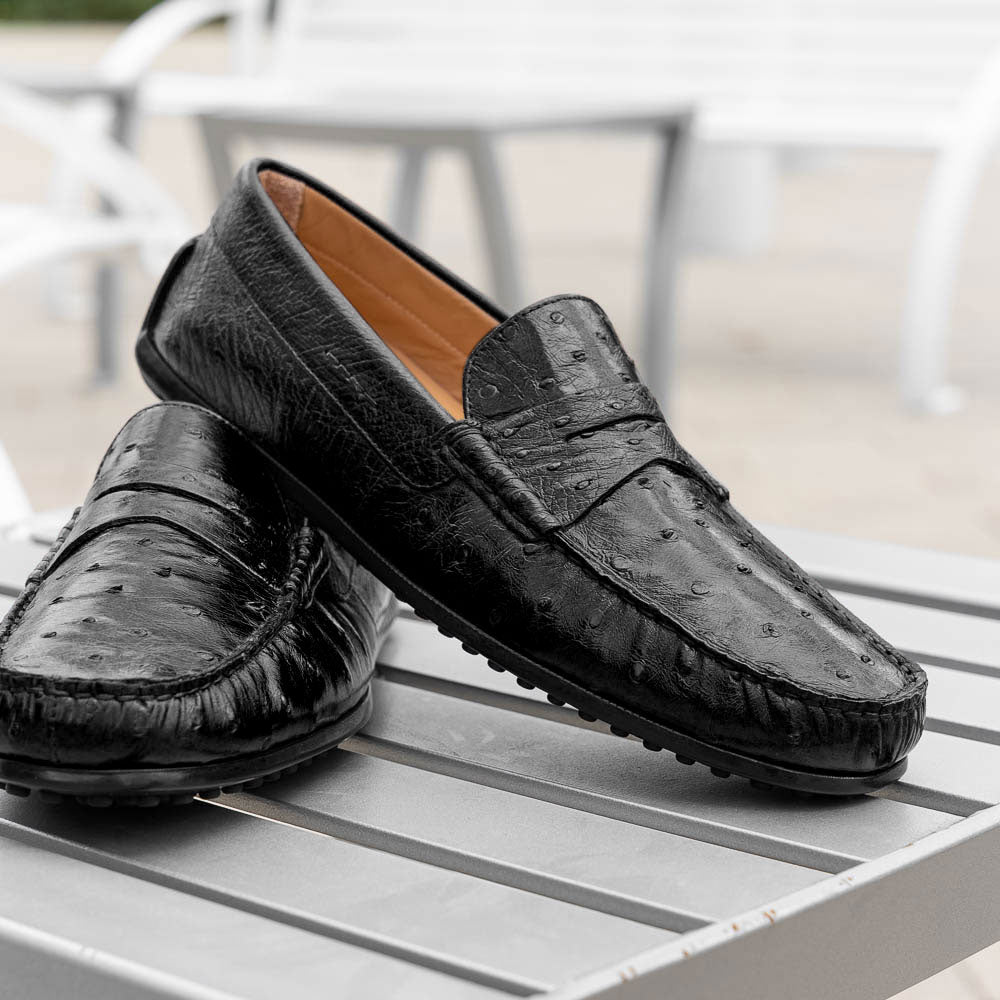33-100-BLK MONZA genuine Ostrich Quill Driver driving mocs shoes loafers men's