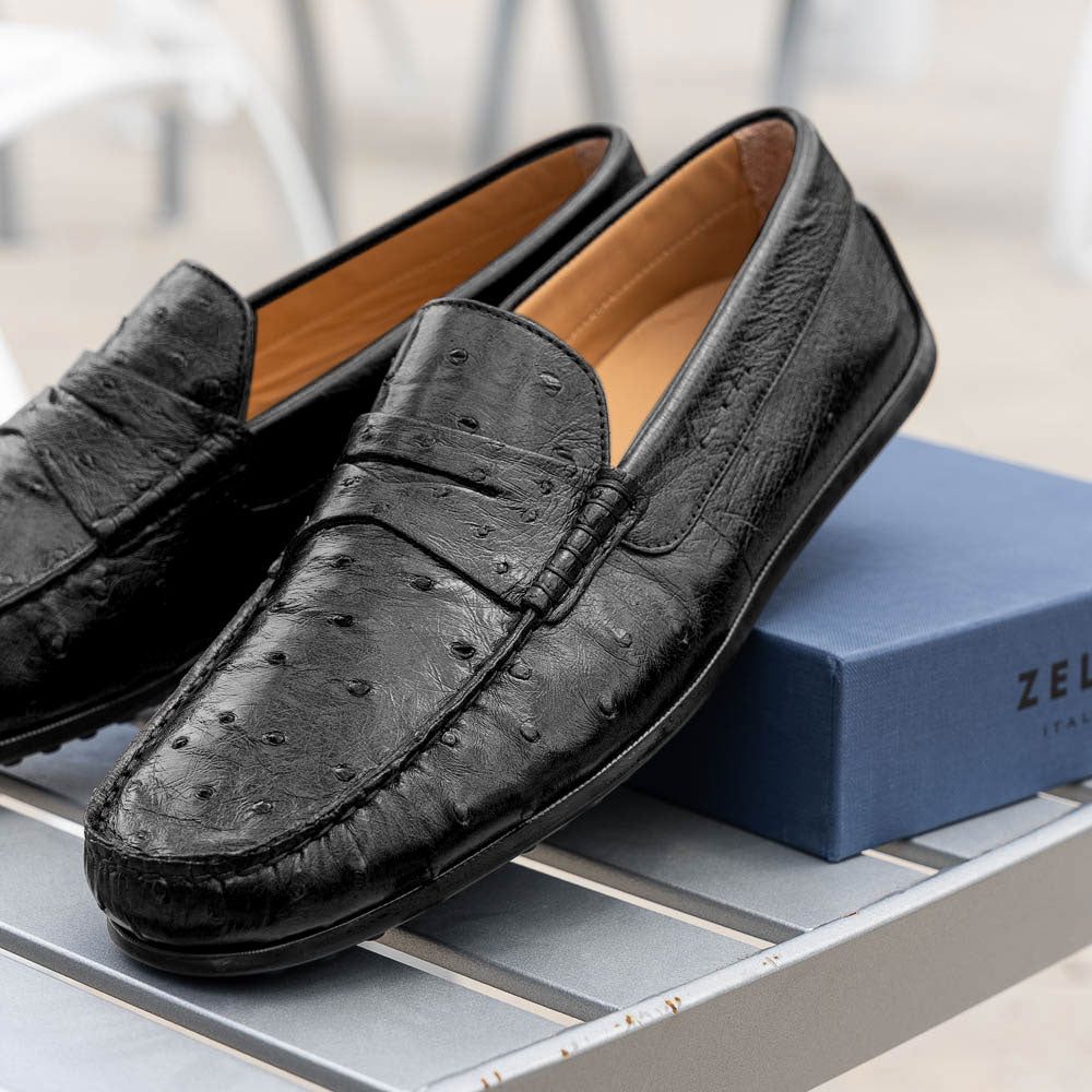 33-100-BLK MONZA genuine Ostrich Quill Driver driving mocs shoes loafers men's